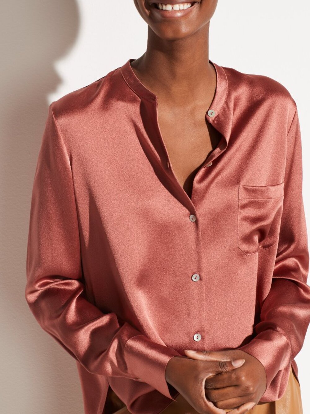 Vince Slim Satin Band Collar Silk Blouse Rosewood Pink NWT Size 0 2 4 6 $295